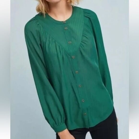 Anthropologie Maeve Avignon Emerald Button Down Blouse Size S - Picture 2 of 7